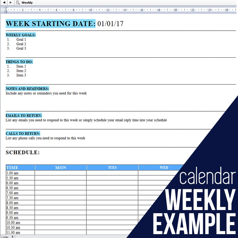 Scrivener Weekly Calendar